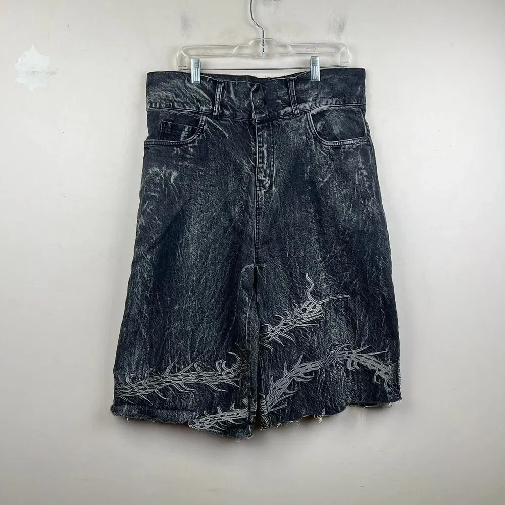 Y2K JNCO Style Black Denim Shorts With White Flame Design Size M